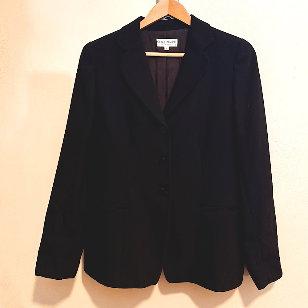 Vintage Giorgio Armani Le Collezioni Black 100% Wool Three-Button Blazer, Sz 14